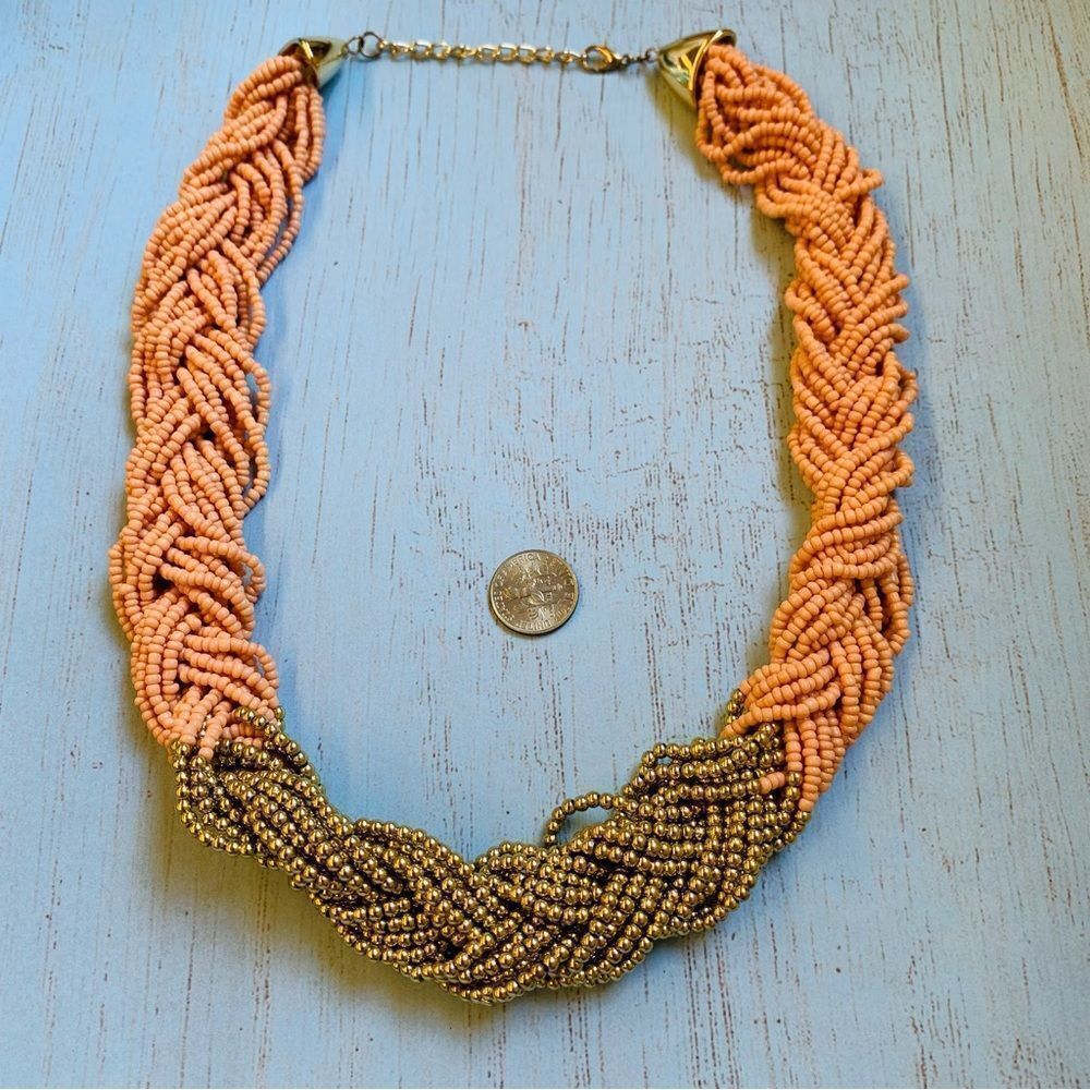 Peach‎ and Gold Braided Seed Bead Necklace
